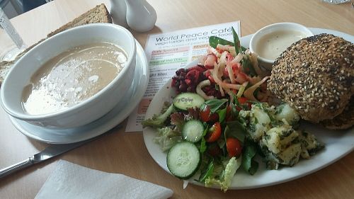 Vegan soup & burger at World Peace Cafe in Plymouth