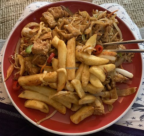 Chickn chow mien, salt & pepper tofu/chips (all gluten-free)  at Wawin Vegan Chinese in Salford