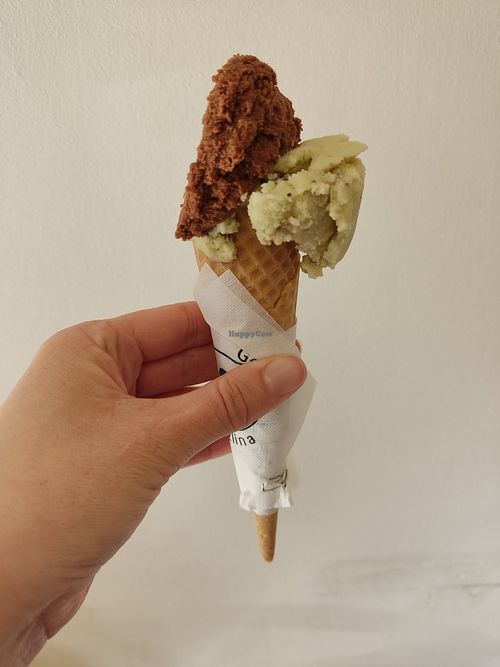 Small cone with chocolate and mint chocolate ice cream at Imaginarni Zmrzlina in Prague