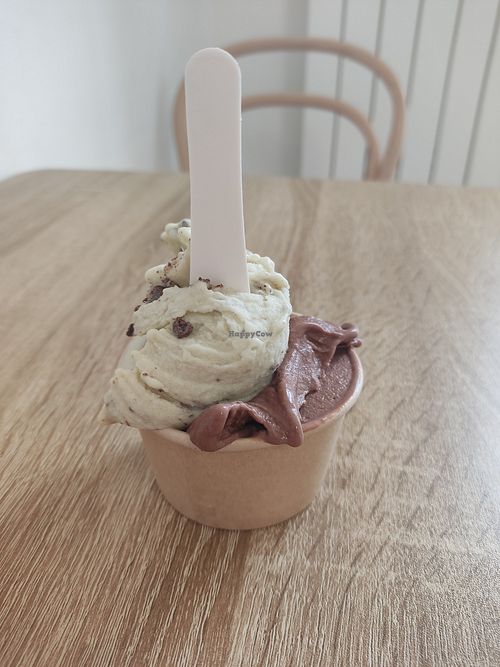Small cup with chocolate and mint chocolate ice cream at Imaginarni Zmrzlina in Prague