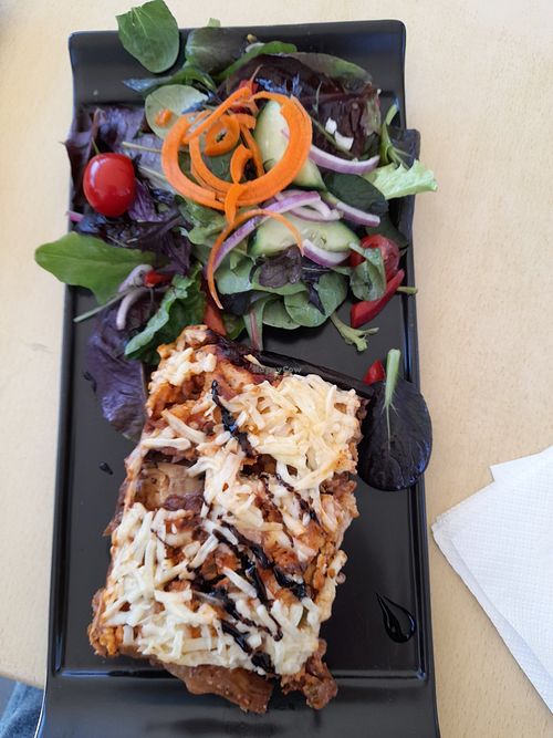 Eggplant lasagne with vegan cheeze at Wild Grounds Cafe in Morgan Park