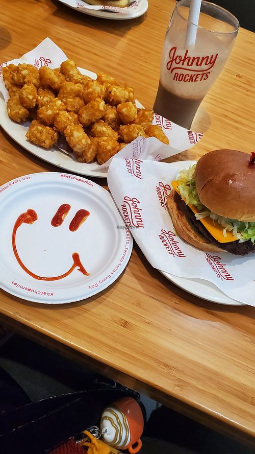 Vegan burger, tots and shake at Johnny Rockets in Universal City