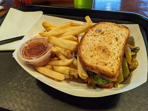 Vegetarian Sandwich with gluten free bread, side of fries and side of salsa at Foodie Club in Grand Canyon Village