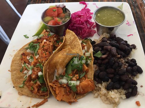 street tacos - with jackfruit ";meat"; - gooood at Sage Bistro and KindKreme in Los Angeles