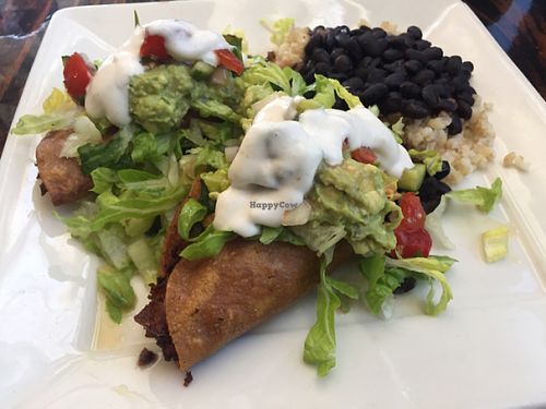 Potato tacos, beans and rice  at Sage Bistro and KindKreme in Los Angeles