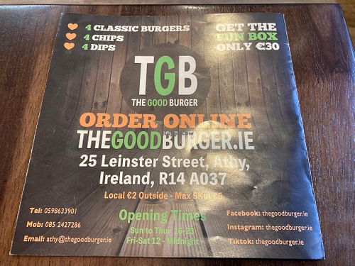 Front of the menu at The Good Burger in Athy