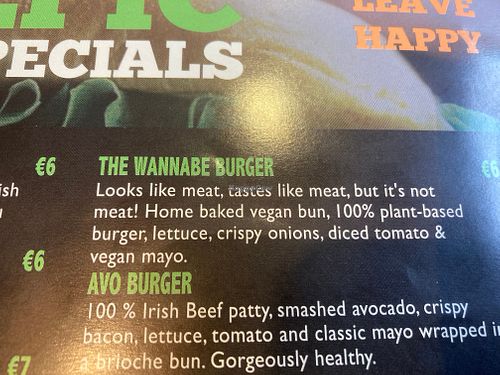 Wannabe Burger Menu Description: "Looks like meat, tastes like meat, but it's not meat! Home baked vegan bun, 100% plant-based burger, lettuce, crispy onions, diced tomato&mayo. at The Good Burger in Athy
