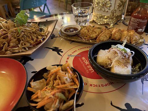 Kimchi, vegan chicken chowmein, gyoza and tofu  at Michael Wan's Wok Inn in Blackpool