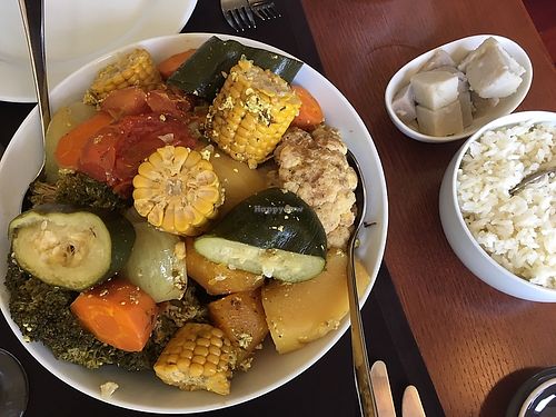 Vegan “cozido” with yam and rice as side dishes at Caldeiras & Vulcoes in Sao Miguel
