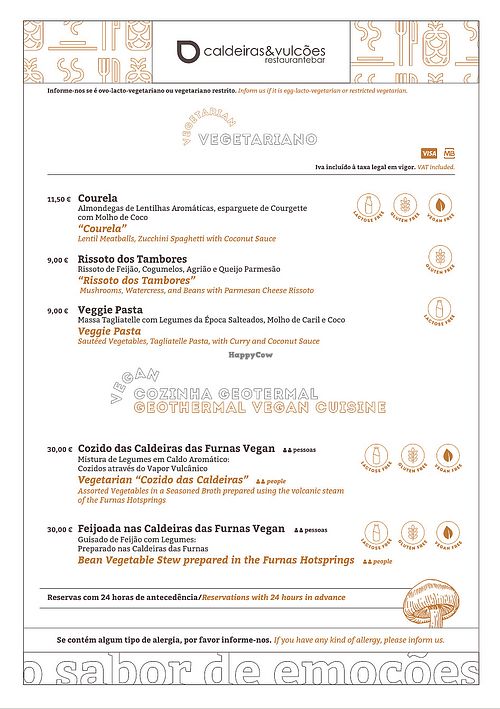 Menu page with vegan and vegetarian options at Caldeiras & Vulcoes in Sao Miguel