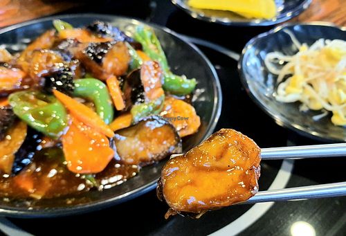fried eggplant stir-fry - close-up of eggplant at Haeolbin Deopbap - 하얼빈덮밥 in Seoul