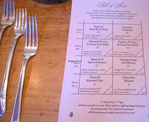 This menu from early April highlighted spring produce. Since we were one carnivore and one vegan, the waitstaff kindly put the cheese on the side for the non-vegan dishes, so the vegan could taste everything, too. at Natural Selection in Portland