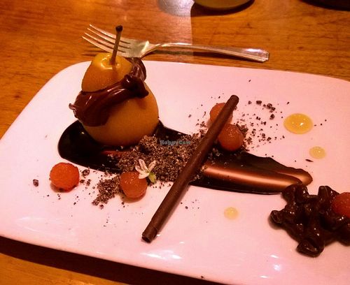4th course: Clocolate Mousse.
The wine-poached champagne pear and pickled pear pearls were the perfect foil to the super rich chocolate mousse.

(Part of the amazing 'chef's table' 4-course meal which actually included 7 plates and tastes.) at Natural Selection in Portland