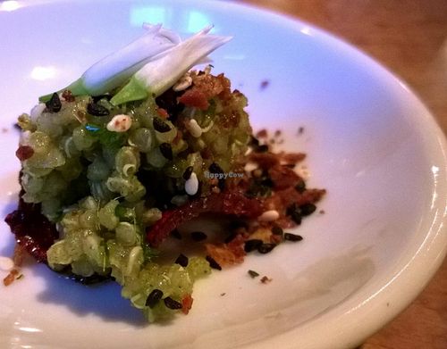 Extra: This amuse bouche included a curried quinoa mixture on a crispy beet chip with mustard blossoms on top. One single bite to wake up your senses to crave more.

(Part of the amazing 'chef's table' 4-course meal which actually included 7 plates at Natural Selection in Portland