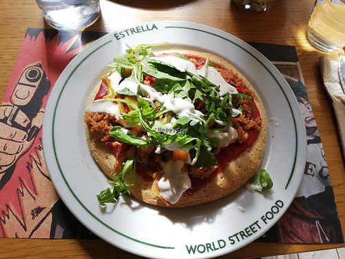 Vegan flatbread with soy minced and sour cream at Estrella in Larissa