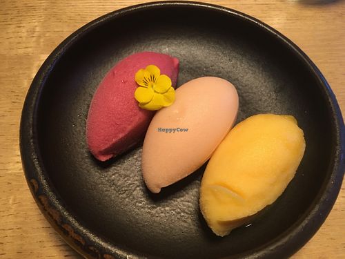 Homemade sorbets : from top to bottom, grapes, strawberry papaya, passion fruit at Õtaka in Sao Miguel