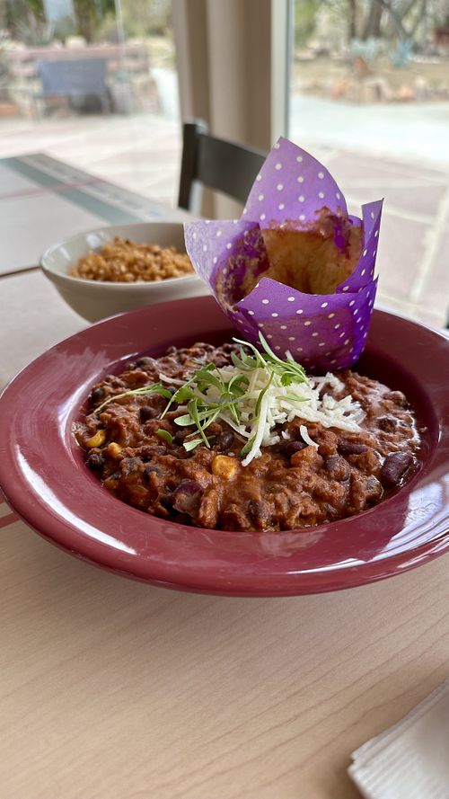 Veggie/Vegan chili(ask for vegan cheese) with side of rice and cornbread.   at Food for Thought Cafe in Joshua Tree