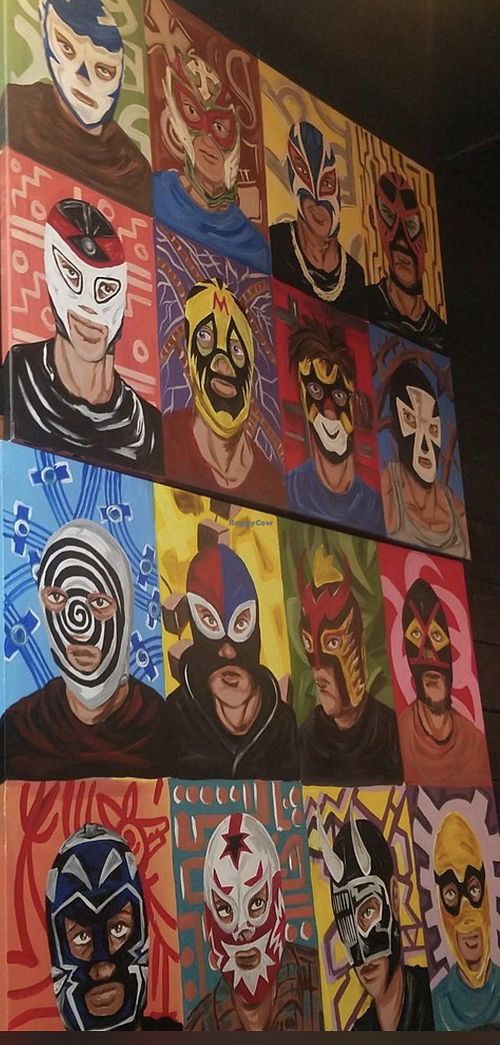 Interior art at Luchador Urban Taqueria in Pomona