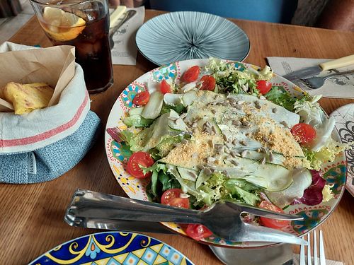 Vegan Caesar's salad w/o the pb chicken which was added after I took the pic at Bresca in Madrid