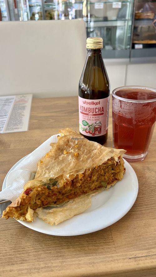 Lasagna with tofu and vegetables + cherry mint kombucha  at Upcafe in Split