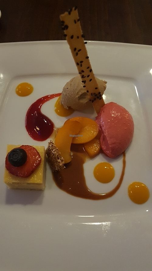 Cheesecake, raspberry mousse and coffee ice cream. at Lucky Leek in Berlin