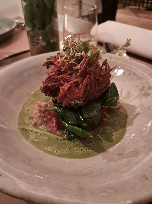 Hemp tofu with crispy potato, spinach nd some beetroot at Lucky Leek in Berlin