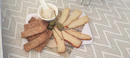 Home made VENGAN CHEESE board selection served with espelta baked home made Crackers  at FuerteTruck - Maybe closed in Fuerteventura