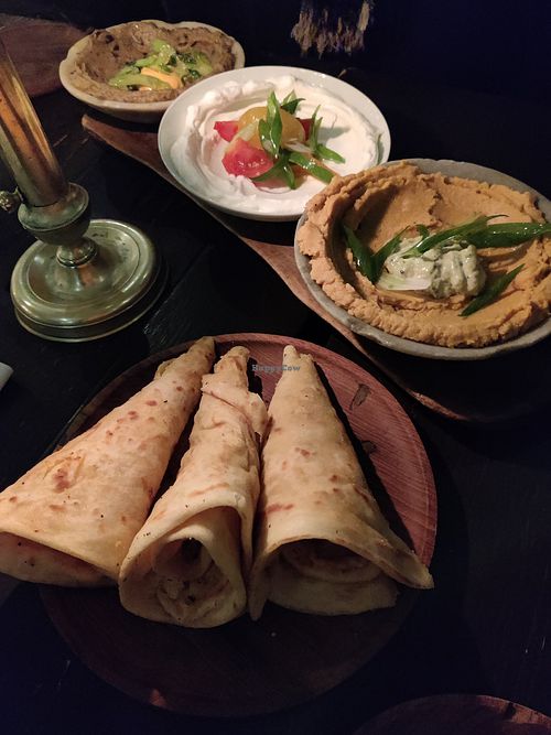 Hummus, babaganoush and chickpea bread at Rainarai - Polonceaukade in Amsterdam