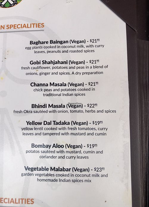 Menu with current prices   at Indian Harvest in Boca Raton