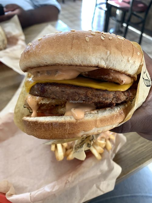Close up of nice chef special “Oasis Burger"  at Nice Burger in Stanton