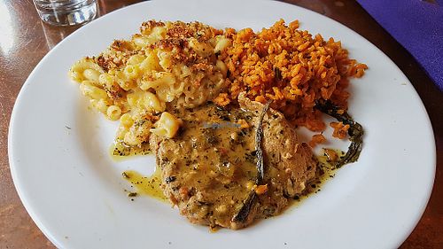 Chicken, mac n' cheese and rice at Seasoned Vegan in New York City