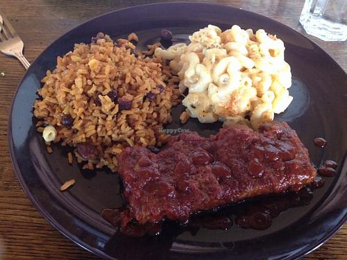 ribs with mac & cheese and beans & rice at Seasoned Vegan in New York City