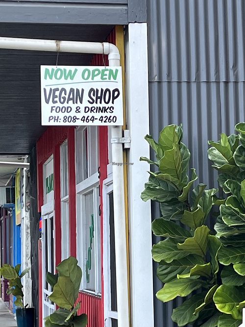 Sign as viewed from the road    at The Vegan Shop in Hilo