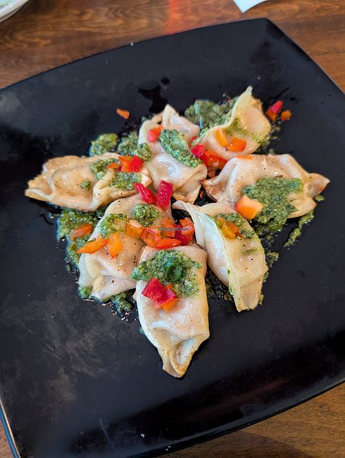Pan fried dumplings with mint sauce 🤤 at Fan Tang in Albuquerque
