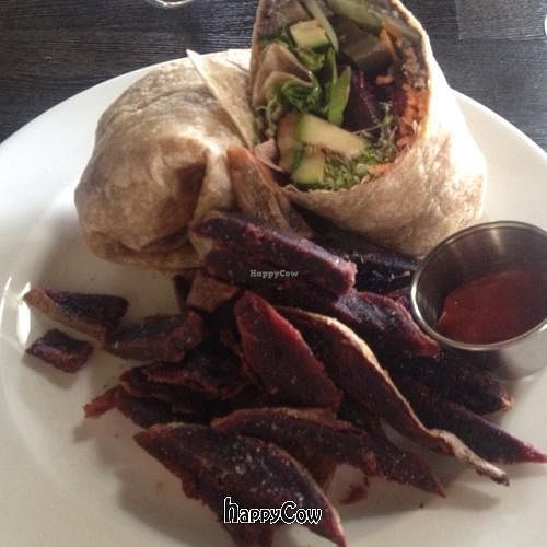 hummus veggie wrap with sweet potato fries at The Garden Cafe - Common Ground in Kilauea