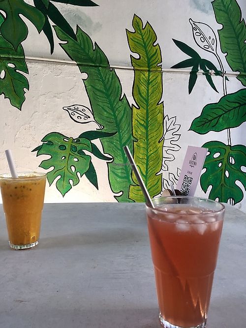 Mango and passion fruit lemonade (left); lavender and coconut lemonade (right) at Lucuma Vegan Cafe in Colombo