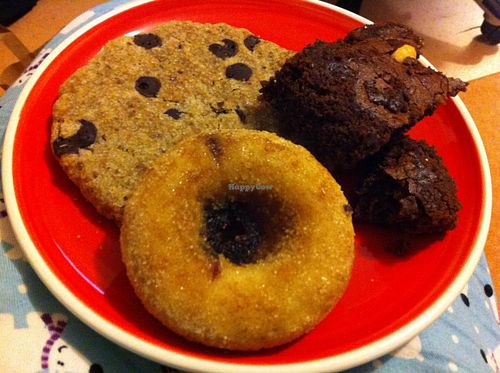 Jam and cinnamon sugar donut, chocolate chip cookie & brownie (all gluten-free) at Cookies and Scream - Camden Lock Market in North West London