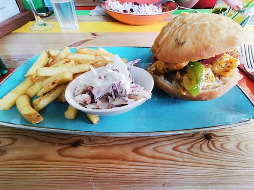 Sweet chilli mango soya chick'n Burger meal at Esmie's in Coventry