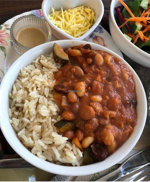 Five Bean chilli and rice at Healthy Mind Cafe in Redditch