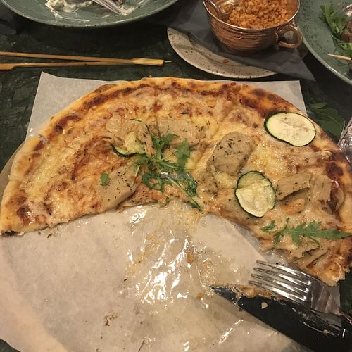 very good pizza with vegan mozarella and oumph vegan meat!  at Shakespeare Höganäs in Hoeganaes