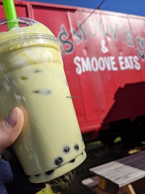 Pistachio boba tea with almond milk. at Smoovies in St Robert