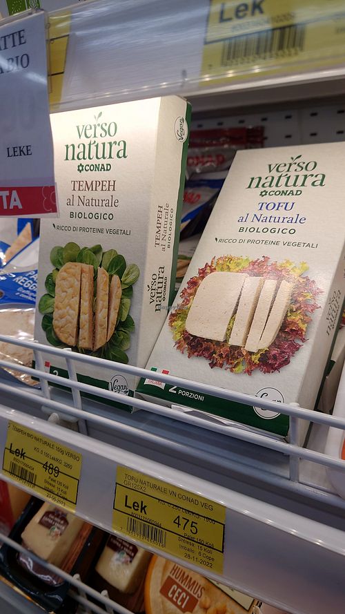 Tempeh and tofu at Conad in Tirana