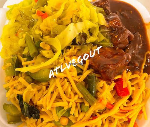 Cabbage, noodles and bbq   at Chelsea's Bakery and Vegetarian Restaurant in Decatur