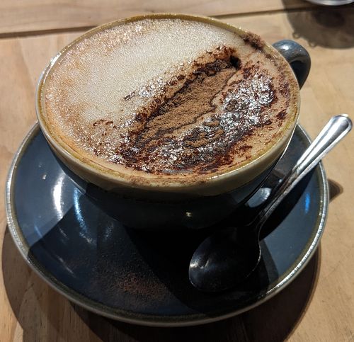 Oat milk cappuccino  at Nine Leaves in Wirral