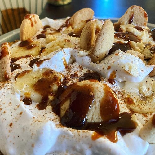 Chai spiced banana cream pie on a vanilla wafer crust, topped with cocowhip and peanut butter caramel at Heaven Sent Foods in Flagstaff