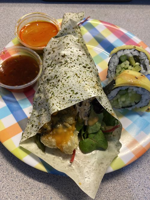 Monster handroll and a few bites of Mango tango  at Tama Sushi Ramen and Vegan in Huntington Beach