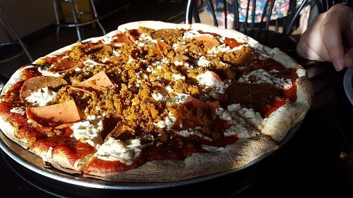 ex meat lovers pizza at Pi Vegan Pizzeria in Seattle