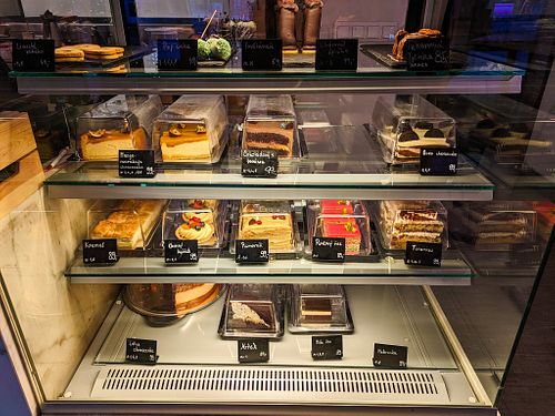 Display case at Share Sweet and Espresso Bar at Share Sweet and Espresso Bar in Prague