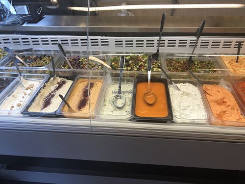 Delicious salads and dips. They have a lot of vegan options for example: vegan tzatziki, aubergine dip, hummus, olive tapenade and chili mayo. They also have vegan kebab, falafels  at Byens in Aarhus