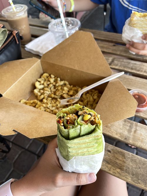 Vegan mac & cheese, vegan vegetable wrap at The Beanery Cafe in Summerland